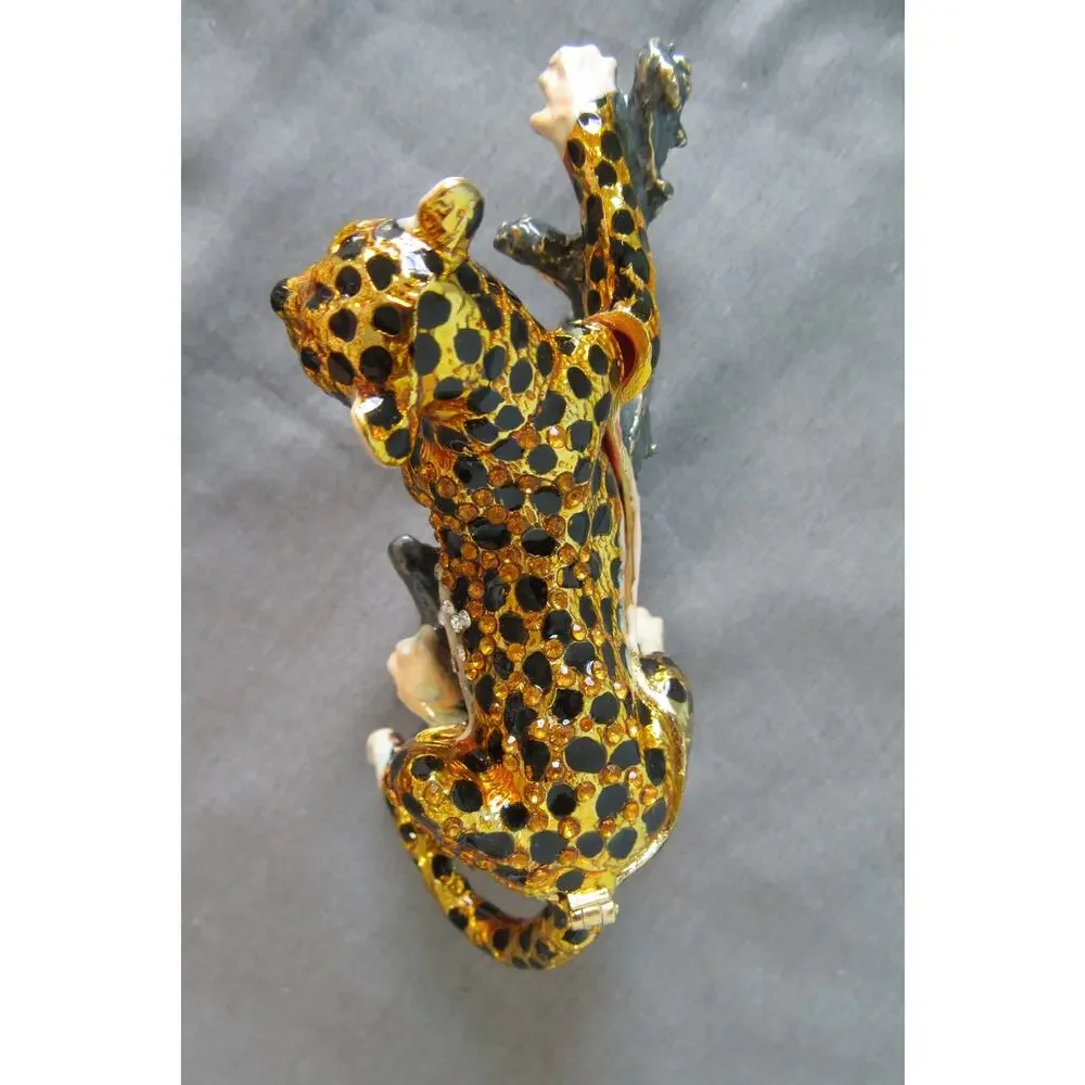 Bejeweled Cheetah Laying on Branch Trinket Box Handset Swarovski Crystals Enamel
